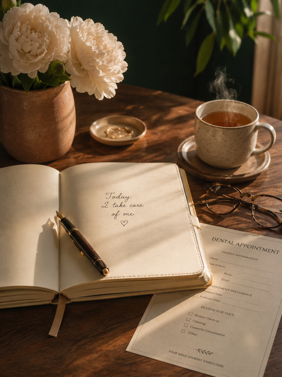 Journal reading 'Today I take care of me' — your first step toward a better smile at Dentination